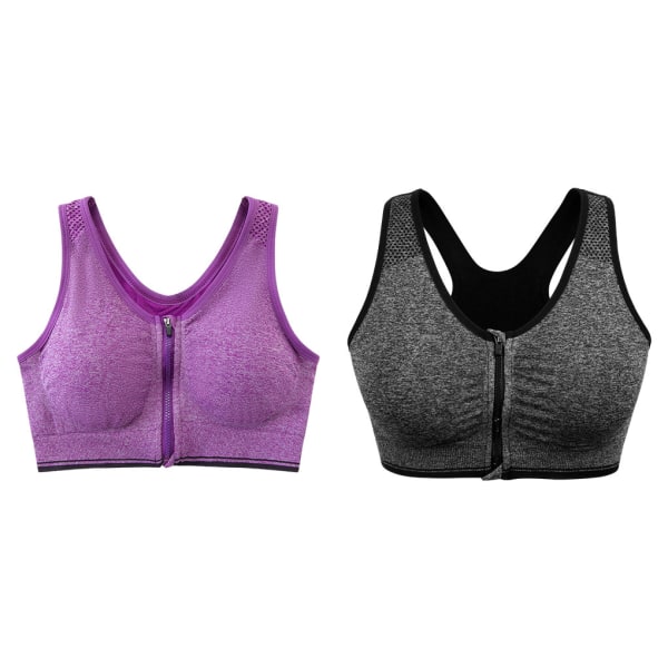 1/2/3/5 2st stöd och komfort | Sport-BH med dragkedja fram gray+purple XL 1Set