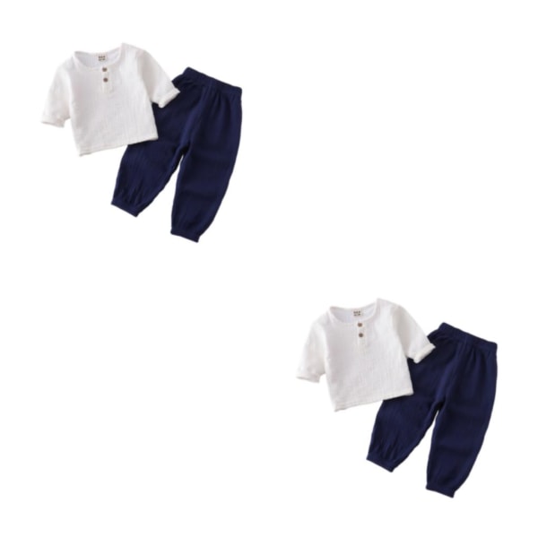 1/2/3 Spring Barn T-shirt Byxa Set Rundhalsad Toppar Byxor White Navy 90cm 2PCS