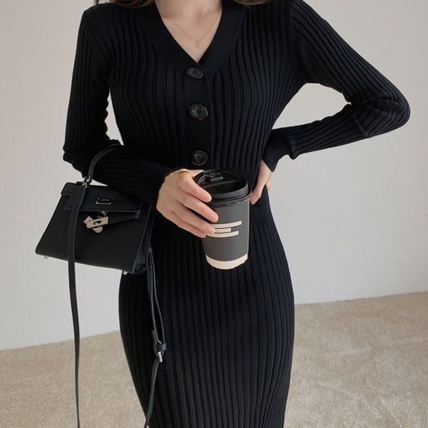 Klassisk stickad klänning Utsökt hantverk Mjuk textur Elegant stil Black XL