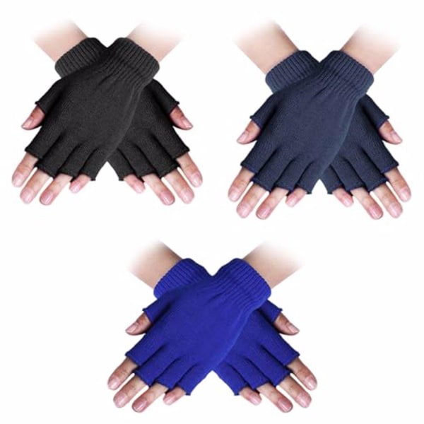 3a Av Snygga Stickade Half Finger Handskar För Kvinnor Varma Och Black+Navy+Blue