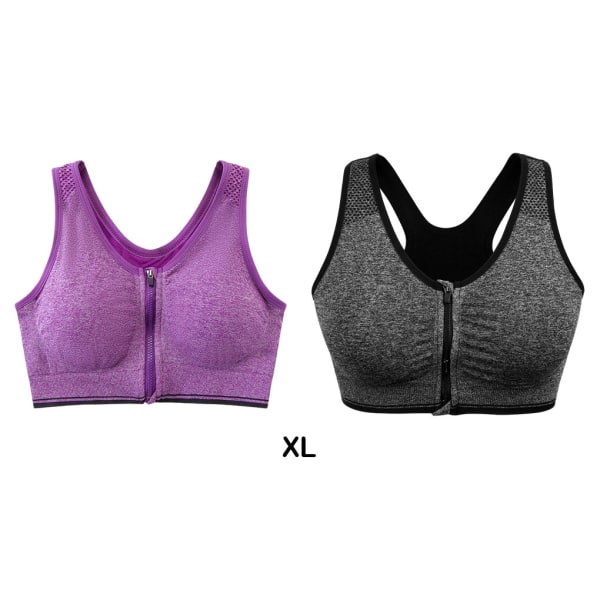 1/2/3/5 2st stöd och komfort | Sport-BH med dragkedja fram gray+purple XL 1Set
