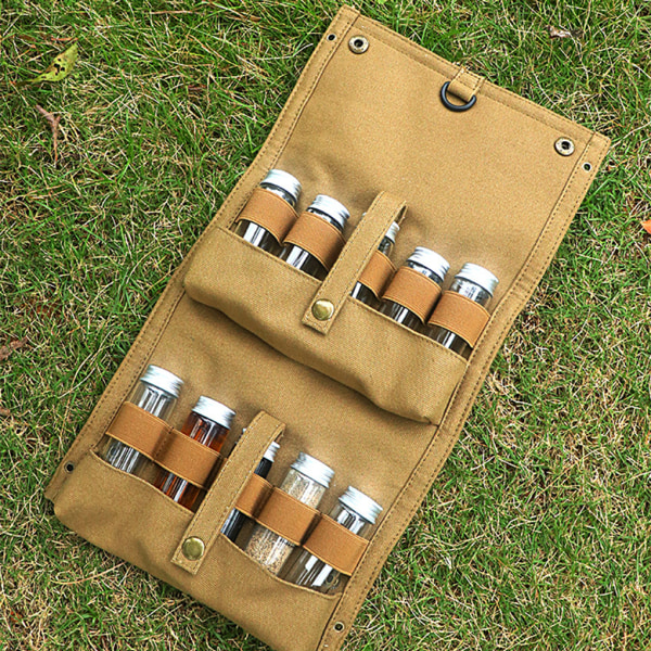 Bärbar BBQ Spice Bag Kit Canvasväska med 10 hål för grillning Khaki