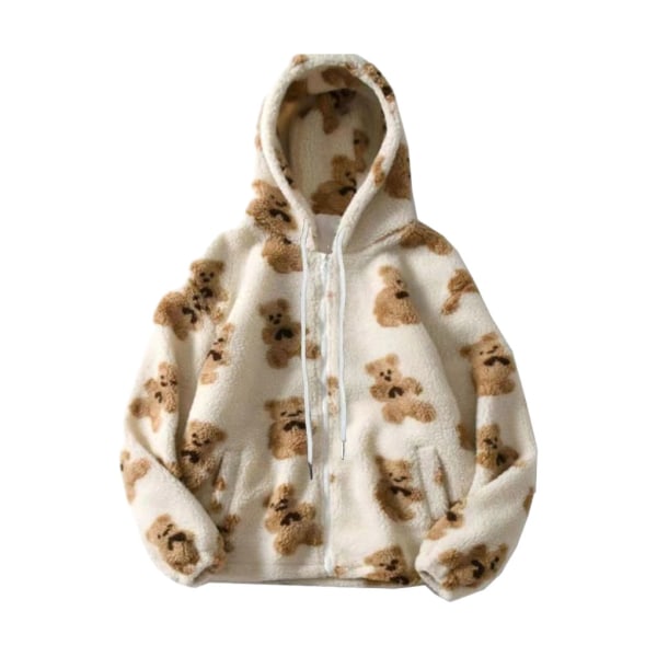 Full Zip Bear Print Pullover Hoodie för kvinnor redo för kallare white XL