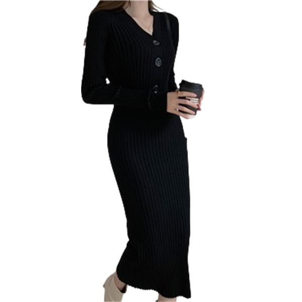Klassisk stickad klänning Utsökt hantverk Mjuk textur Elegant stil Black S