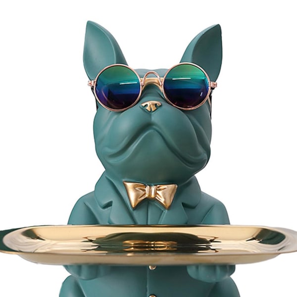 Bedårande Resin Bulldog Staty Smyckenycklar Förvaringshållare Green