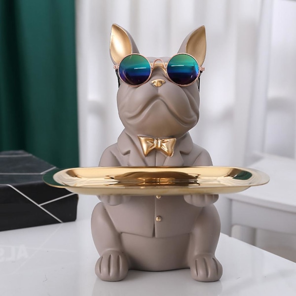 Bedårande Resin Bulldog Staty Smyckenycklar Förvaringshållare Tan