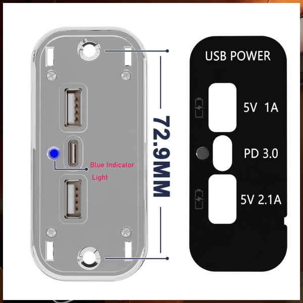 3 Portar USB Type-C PD 2.1A 1A Adapter Snabbladdning USB -uttag Black