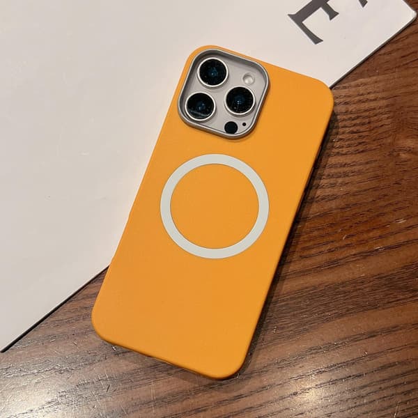 Etui til iPhone 15 Pro, gul lædertekstur, frostet magnetisk læder, fuld dækning