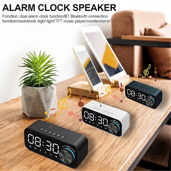 Digital Radio Vekkerklokke Bluetooth Høyttaler Klokke med Tid og Alarm LED-Display og Speiloverflate for Skrivebord