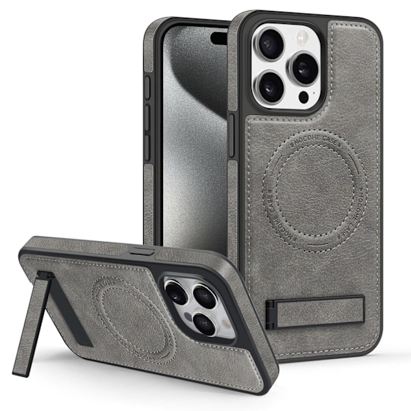 Kotelo iPhone 15PROMAX Titanium Gray -puhelimelle, nahkainen jalusta, kristallisuoja, magneettinen