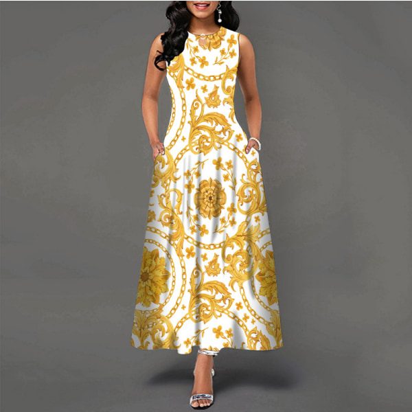 Ärmlös damklänning med blommig print svängklänning Bohemisk retro lång klänning WX-3# XL