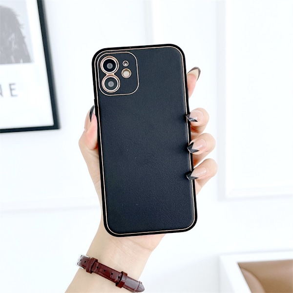 Etui til iPhone 15plus Earl Sort lædertekstur galvanisering Luksus Full-Body