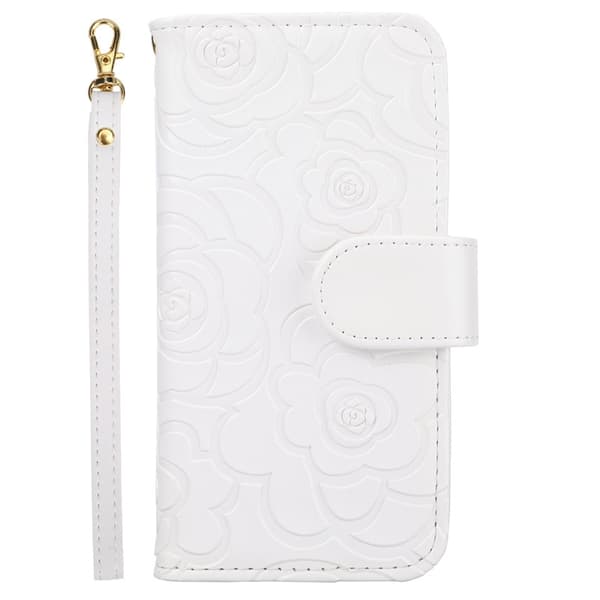 Etui til iPhone 15 Hvit 3D-preget Kamelia Lommebok med Kortholder Flip