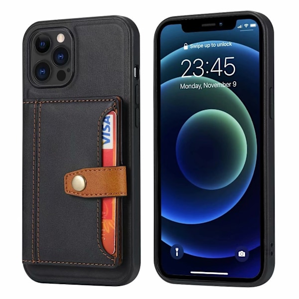 Kotelo iPhone 15PRO MAX -puhelimelle, musta NIU-nahkalompakko korttipidikkeellä ja muodikkaalla jalustalla