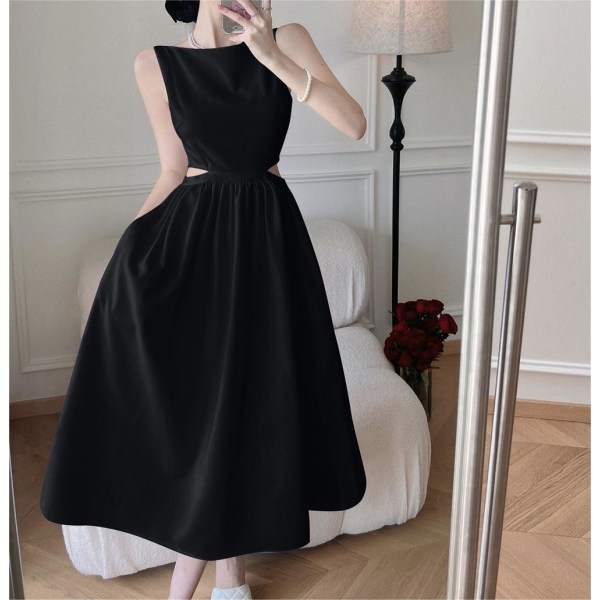 Fransk Hepburn stil vit kjol Midja-tight ihålig puffig lång kjol Black XL