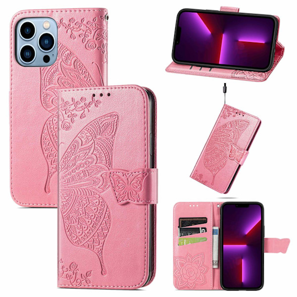 Etui til iPhone 13 Pro Max pink Source Flip Butterfly Wallet med kortholder