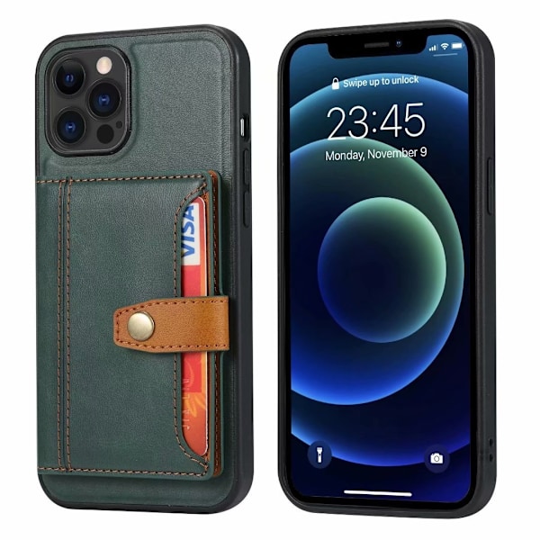 Kotelo iPhone 16PRO MAX -puhelimelle, tummanvihreä NIU-nahkalompakko korttipidikkeellä ja muodikkaalla jalustalla