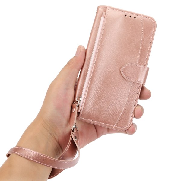 Kotelo iPhone 14 Prolle, ruusukultainen rannekoru, crossbody-vetoketjullinen lompakkokotelo korttipidikkeellä ja hihnalla