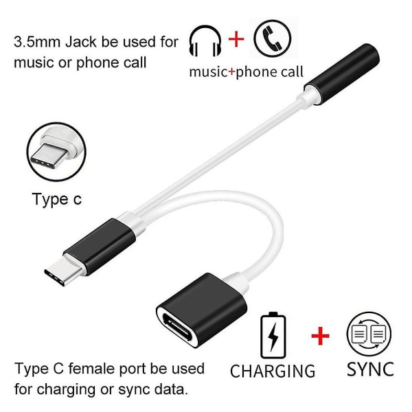 Ny svart USB typ-c till 3.5 ljudkabel typ-c telefonladdningsadapter