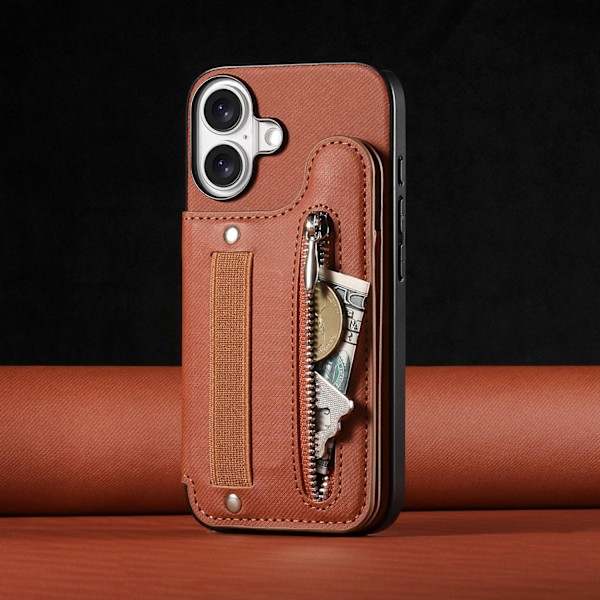 Etui til iPhone 16 Plus brunt lær flip-kort holder elastisk snor håndleddsbånd