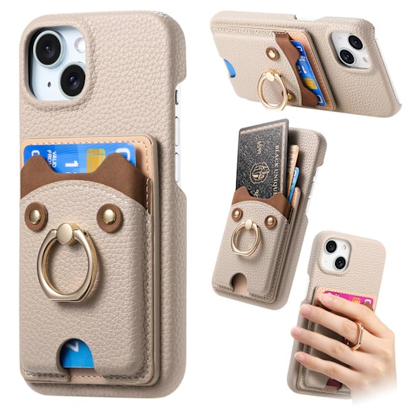 iPhone 13 -kotelo, khaki, kivikuvioitu, söpö karhu, lompakko, korttipidike, nahkainen rengas