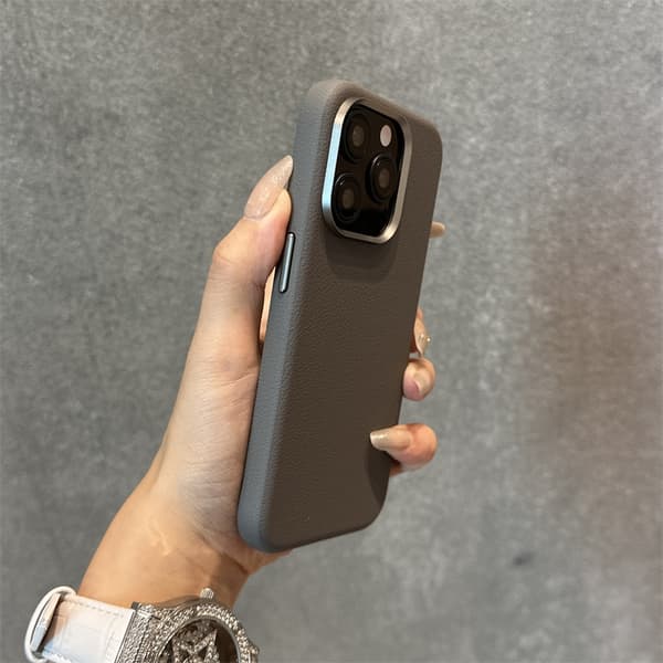 Etui til iPhone 16 Pro Max grå højkvalitets læder metal linse læder tekstur
