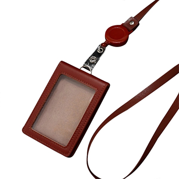 Læder Badge Holder med Udtrækkelig Lanyard Kort Etui Sleeve Klar Bank Kreditkort Holder Klar Vindue Kortbeskytter Red Brown Telescopic