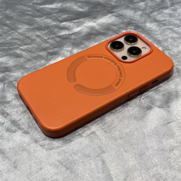 Etui til iPhone 14 Plus, orange farve, magnetisk læder, stort hul