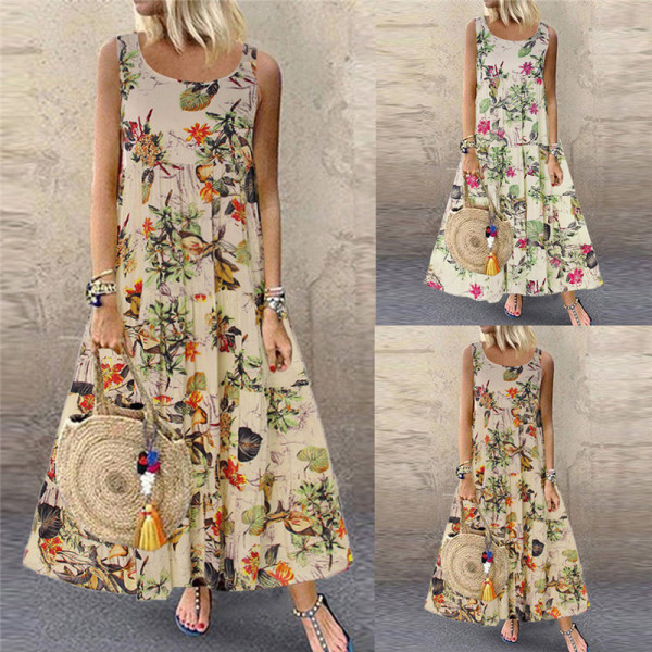 OL Temperament Bomull Linne rundhalsad Cake Dress Dress Floral-yellow-sleeveless M