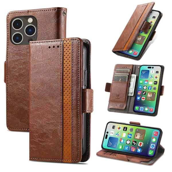 Etui til iPhone 13 Pro Max Mørkebrun Flip Wallet med Kortholder Stand business