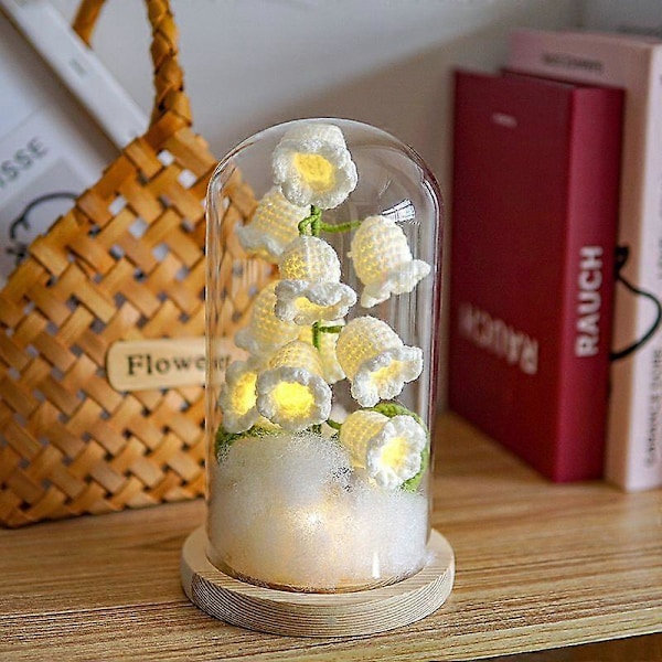 Evighetsliljekonvall Gaver til kvinner, Heklet Kunstig Blomsterdekor i Glasskuppel med LED-lysstripe White