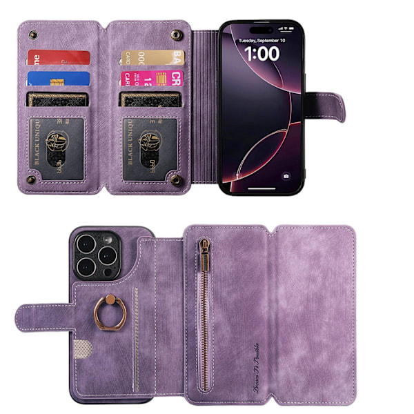 Fodral för iPhone 16pro Lila Extra Stor Tri-Fold Flip Business RFID-Blockerande Multi-Plånbok med Korthållare