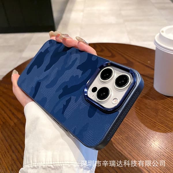 Etui til iPhone 15 Pro Max Mørkeblå Camouflage læder varmeafledning kant tekstur Fuld krop