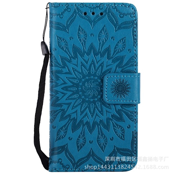 Etui til iPhone 14 Plus/iPhone 14 Max blå preget solsikke 3D-preget lommebok med kortholder