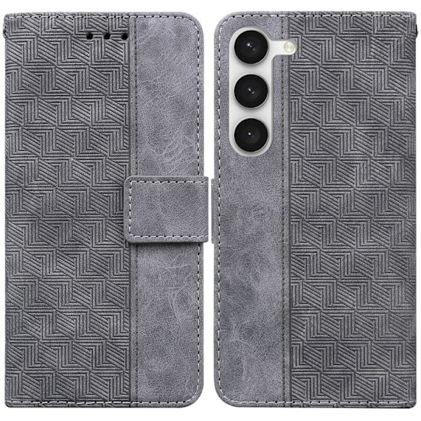 Etui til iPhone 14 PLUS gråt Geometrisk Præget Soft-Touch Mixed Media Wallet med Kortholder Flip