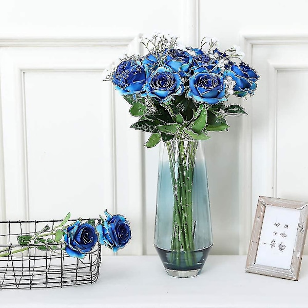 Kunstige Silke Rose Blomster Enkelt Stilk Realistisk Falsk Rose For Bryllupsbukett Blomst, 10stk (blå) blue