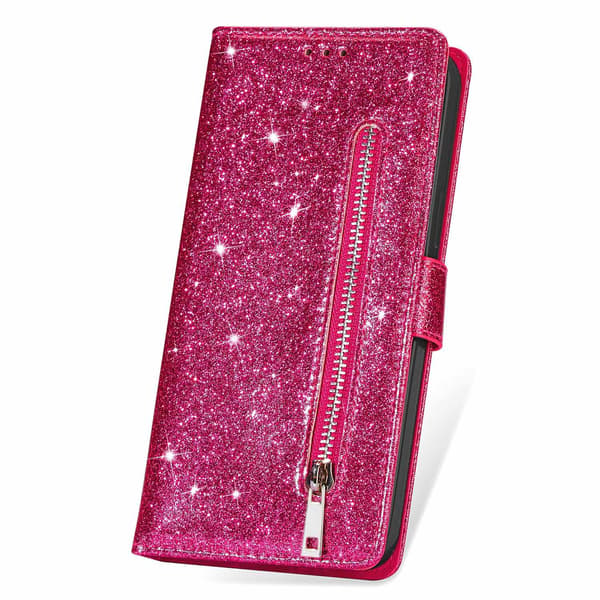Etui til iPhone 14 Pro, rosarød glitter lynlåsrem pung med kortholder