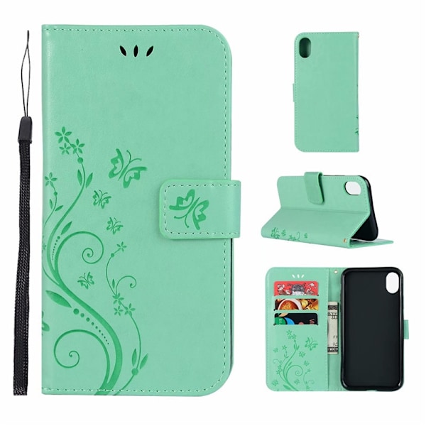 Etui til iPhone 13 Mini Mintgrøn Tegnebog med Kortholder Flip Sommerfugl 3D Præget