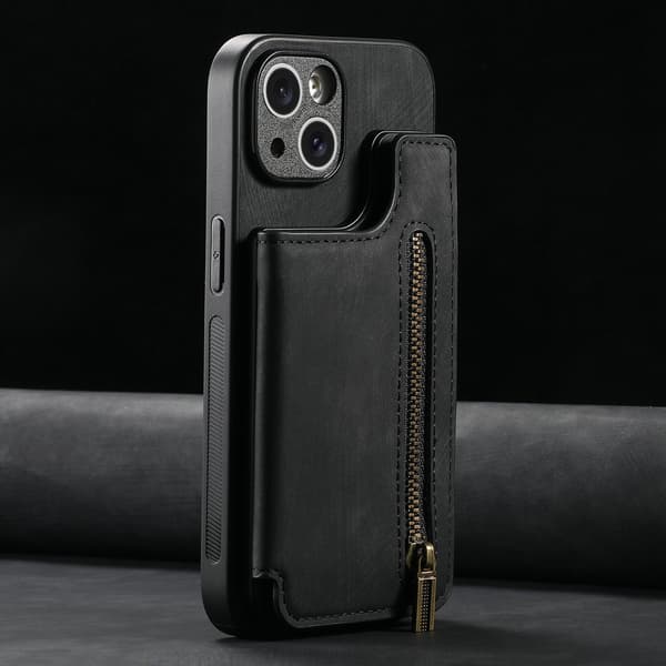 Etui til iPhone 14 Pro, sort retro flip-kortholder, lynlåspung med kortholder