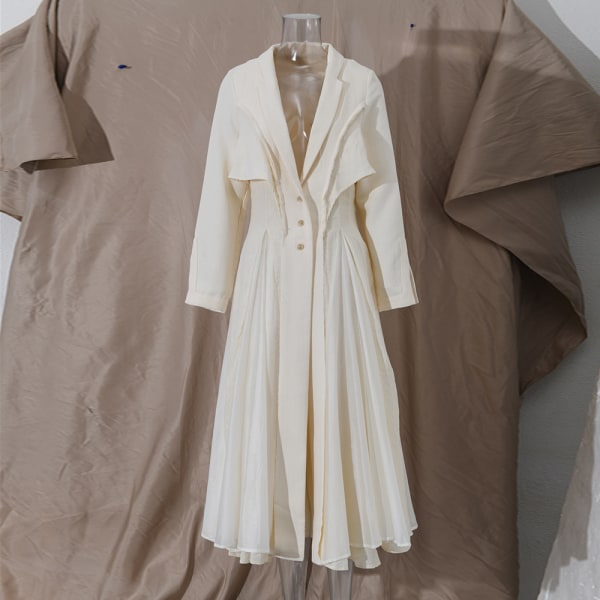 Patchwork Jacquard Plisserad Lång Elegant Klänning Kvinnor Lapel Slim Cardigan Klänning Beige XL