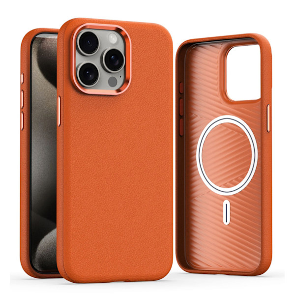 Etui til iPhone 15 Plus, orange farve, læder, lædermønster, magnetisk
