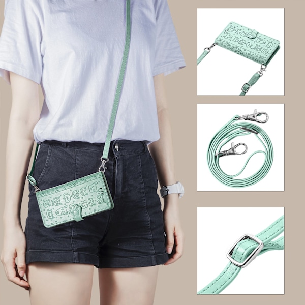 Etui til iPhone 14 Pro Max grøn pung med kortholder fuld crossbody rem flip