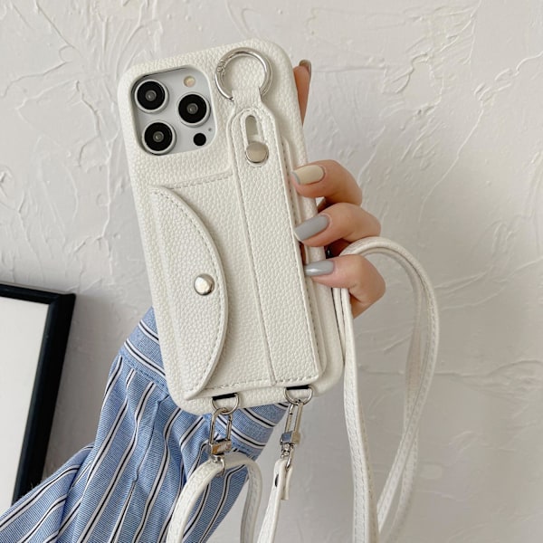 Fodral för iPhone 16pro Korthållare Handledsrem Crossbody Vitt Läder korthållare, handleds crossbody