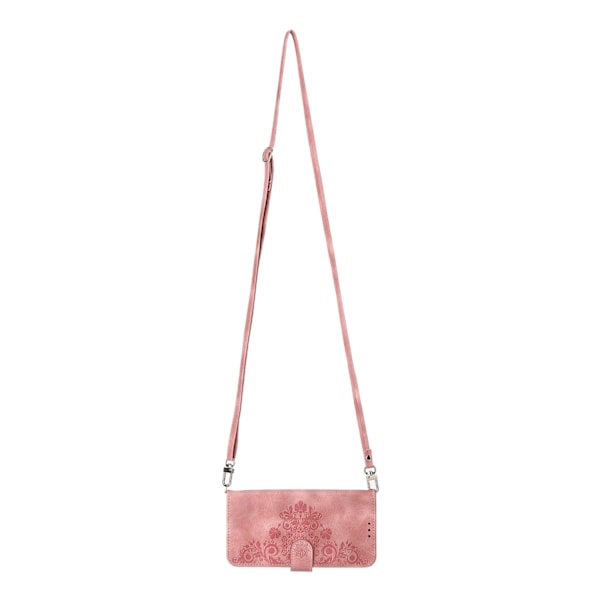 Fodral för iPhone 13 6.1 Rosa + axelrem Soft-Touch Crossbody Korthållare 3D Präglad Magnetisk Plånbok med Korthållare