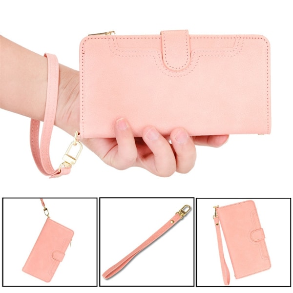 Etui til iPhone 14 Pro Max Pink + håndledsrem lynlås pung med kortholder flip