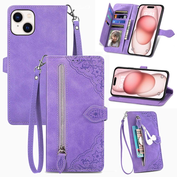 iPhone 14 -kotelo violetti [nahkanyörillä] Käännettävä 3D-kohokuvioitu lompakko korttipidikkeellä