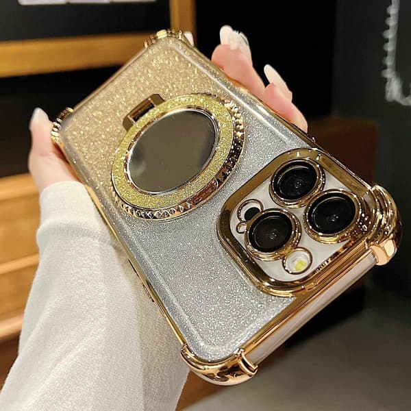Fodral för iPhone Glitter Spegel Magnetiskt Stativ Rosa Guld