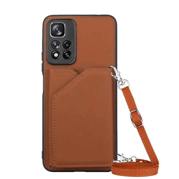 Etui til iPhone 15 Plus Khaki (med lang snor) Soft-Touch Kortholder Rem Multi-Kort Crossbody Kortholder