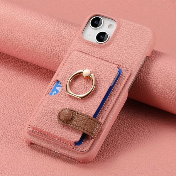Fodral för iPhone 14 rosa Pebbled Enkel Plånbok med Korthållare Ring