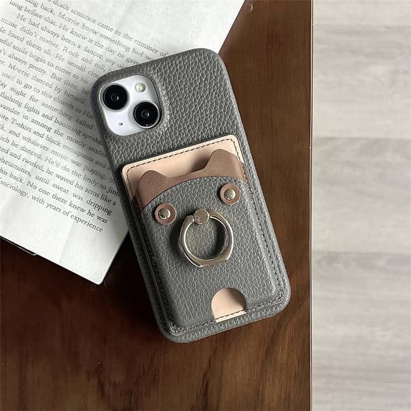 Etui til iPhone 13 Pro grått lær Søt Bjørn Pebbled